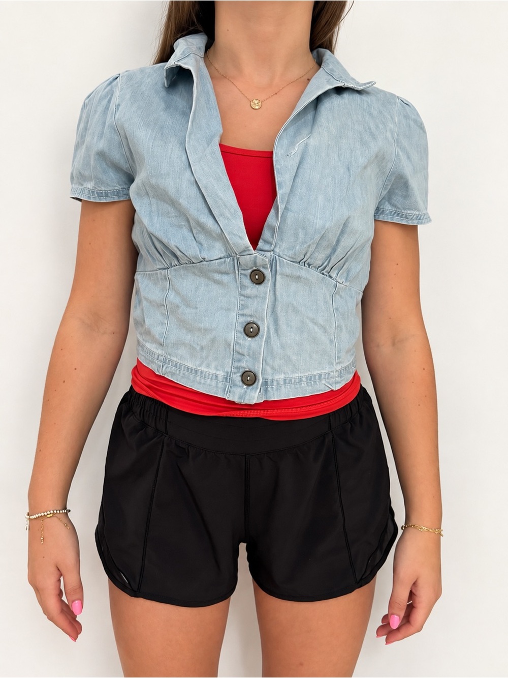 Free People Light Wash Denim Cropped Button-Up Top Size Small